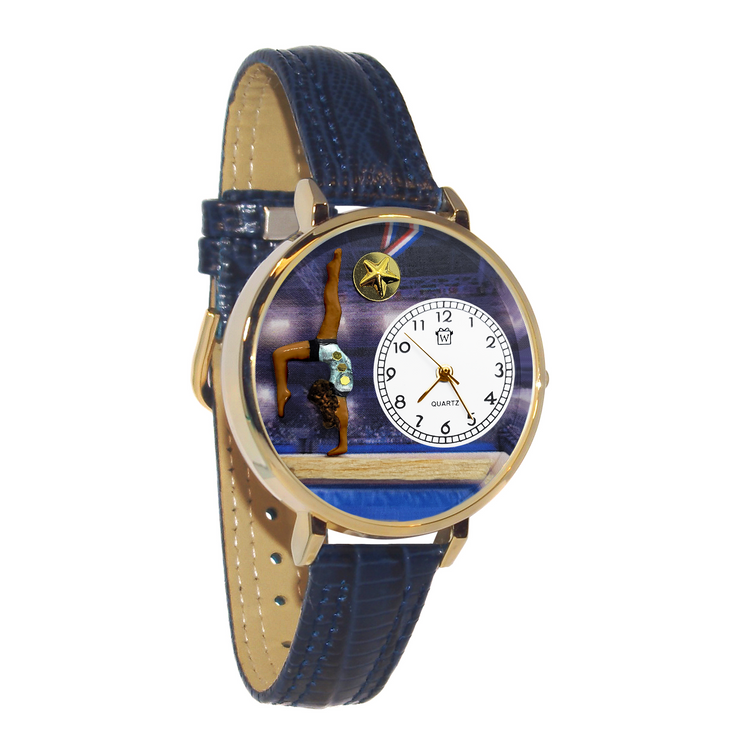 Whimsical Gifts | Gymnastics 3D Watch Large Style | Handmade in USA | Hobbies & Special Interests | Sports | Novelty Unique Fun Miniatures Gift | Dark Skin Tone | Gold Finish Navy Blue Leather Watch Band