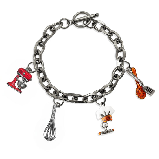 Whimsical Gifts | Chef Toggle Charm Bracelet | 4 Handpainted Charms | Antique Gold or Antique Silver Finish in Antique Silver Finish | Hobbies & Special Interests | Chef | Cooking | Baking Jewelry
