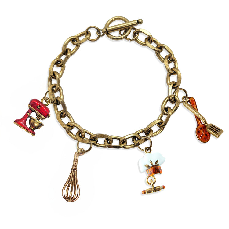 Whimsical Gifts | Chef Toggle Charm Bracelet | 4 Handpainted Charms | Antique Gold or Antique Silver Finish in Antique Gold Finish | Hobbies & Special Interests | Chef | Cooking | Baking Jewelry