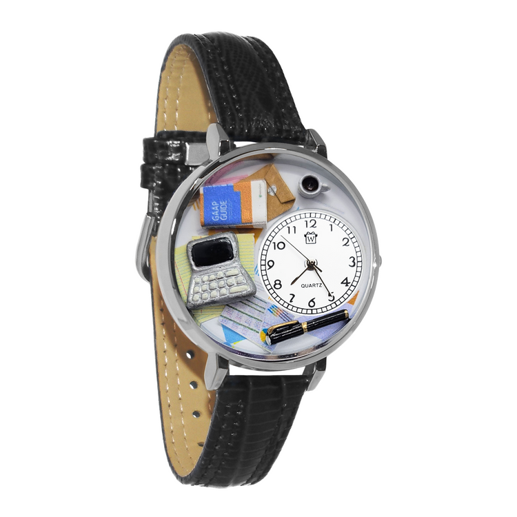 Whimsical Gifts | Accountant 3D Watch Large Style | Handmade in USA | Professions Themed | Business & Legal | Novelty Unique Fun Miniatures Gift | Silver Finish Black Leather Watch Band