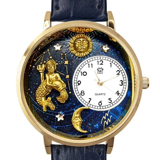 Whimsical Gifts | Aquarius Zodiac 3D Watch Large Style | Handmade in USA | Zodiac & Celestial | | Novelty Unique Fun Miniatures Gift | Gold Finish