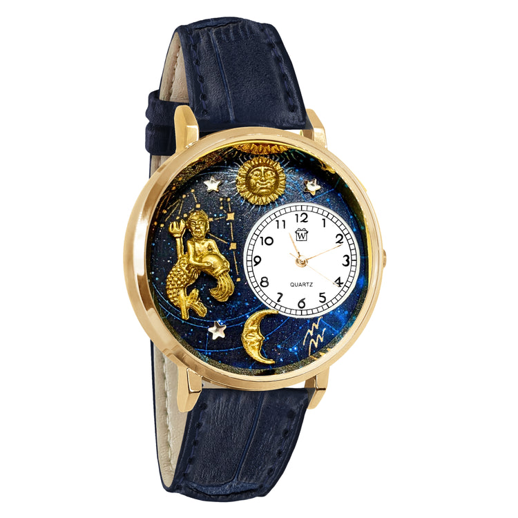 Whimsical Gifts | Aquarius Zodiac 3D Watch Large Style | Handmade in USA | Zodiac & Celestial | | Novelty Unique Fun Miniatures Gift | Gold Finish Navy Blue Leather Watch Band