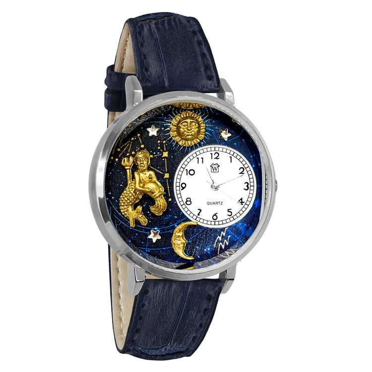 Whimsical Gifts | Aquarius Zodiac 3D Watch Large Style | Handmade in USA | Zodiac & Celestial | | Novelty Unique Fun Miniatures Gift | Silver Finish Navy Blue Leather Watch Band
