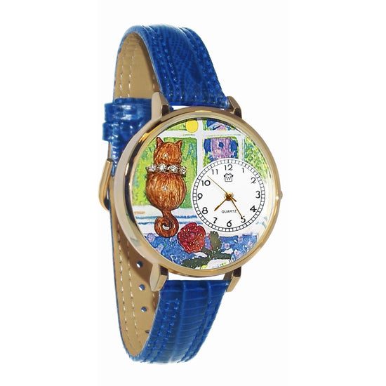 Whimsical Gifts | Aristo Cat 3D Watch Large Style | Handmade in USA | Animal Lover | Cat Lover | Novelty Unique Fun Miniatures Gift | Gold Finish Royal Blue Leather Watch Band