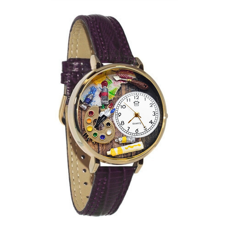 Whimsical Gifts | Artist Palette Rich and Sublime 3D Watch Large Style | Handmade in USA | Artist | | Novelty Unique Fun Miniatures Gift | Gold Finish Dark Leather Watch Band
