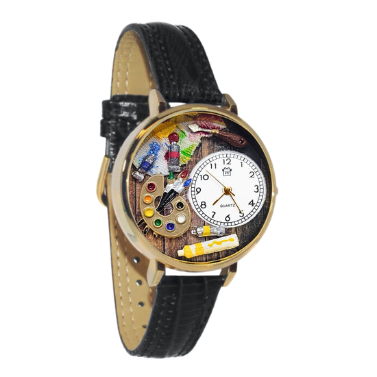 Whimsical Gifts | Artist Palette Rich and Sublime 3D Watch Large Style | Handmade in USA | Artist | | Novelty Unique Fun Miniatures Gift | Gold Finish Black Leather Watch Band