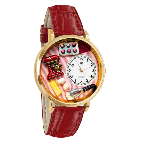 Whimsical Gifts | Baking Mixer Cupcake 3D Watch Large Style | Handmade in USA | Hobbies & Special Interests | Chef | Cooking | Baking | Novelty Unique Fun Miniatures Gift | Gold Finish Red Leather Watch Band