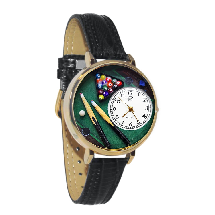 Whimsical Gifts | Billiards 3D Watch Large Style | Handmade in USA | Hobbies & Special Interests | Casino | Gaming | Game Night | Novelty Unique Fun Miniatures Gift | Gold Finish Black Leather Watch Band