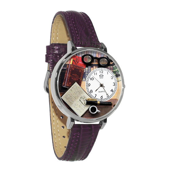 Whimsical Gifts | Book Lover 3D Watch Large Style | Handmade in USA | Hobbies & Special Interests | Arts & Performance | Novelty Unique Fun Miniatures Gift | Silver Finish Dark Purple Cordovan Leather Watch Band