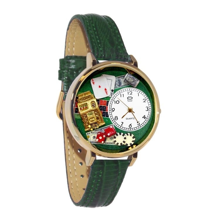Whimsical Gifts | Casino Slot Machine 3D Watch Large Style | Handmade in USA | Hobbies & Special Interests | Casino & Gaming | Novelty Unique Fun Miniatures Gift | Gold Finish Green Leather Watch Band