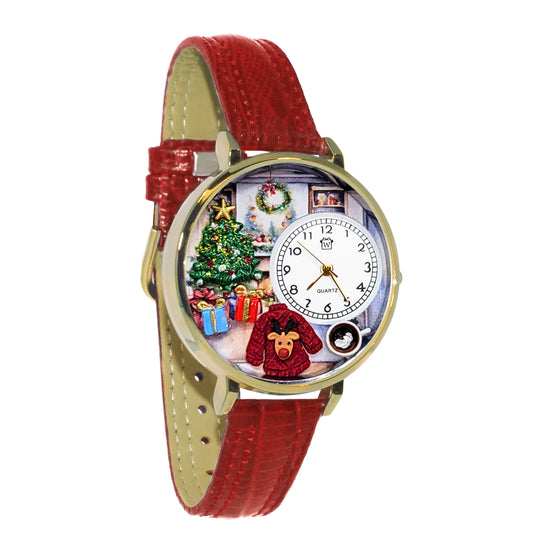 Whimsical Gifts | Christmas Morning 3D Watch Large Style | Handmade in USA | Holiday & Seasonal Themed | Christmas | Novelty Unique Fun Miniatures Gift | Gold Finish Red Leather Band