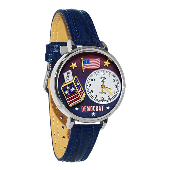 Whimsical Gifts | Democrat 3D Watch Large Style | Handmade in USA | Patriotic | | Novelty Unique Fun Miniatures Gift | Silver Finish Navy Blue Leather Watch Band