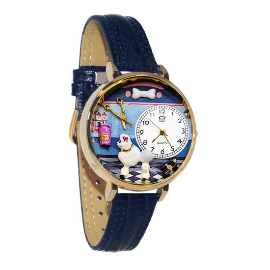 Whimsical Gifts | Dog Groomer 3D Watch Large Style | Handmade in USA | Professions Themed | Pet & Animal Professions | Novelty Unique Fun Miniatures Gift | Gold Finish Blue Leather Watch Band
