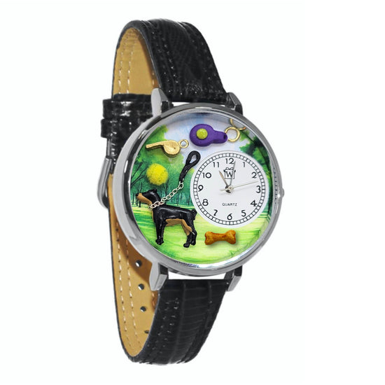 Whimsical Gifts | Dog Trainer 3D Watch Large Style | Handmade in USA | Professions Themed | Pet & Animal Professions | Novelty Unique Fun Miniatures Gift | Silver Finish Black Leather Watch Band