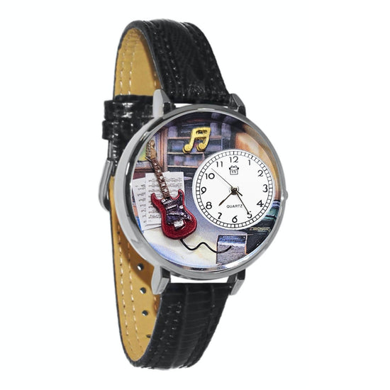 Whimsical Gifts | Electric Guitar 3D Watch Large Style | Handmade in USA | Hobbies & Special Interests | Music | Novelty Unique Fun Miniatures Gift | Silver Finish Black Leather Watch Band
