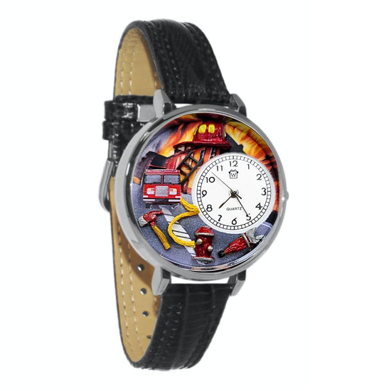 Whimsical Gifts | Firefighter 3D Watch Large Style | Handmade in USA | Professions Themed | First Responders | Novelty Unique Fun Miniatures Gift | Silver Finish Black Leather Watch Band