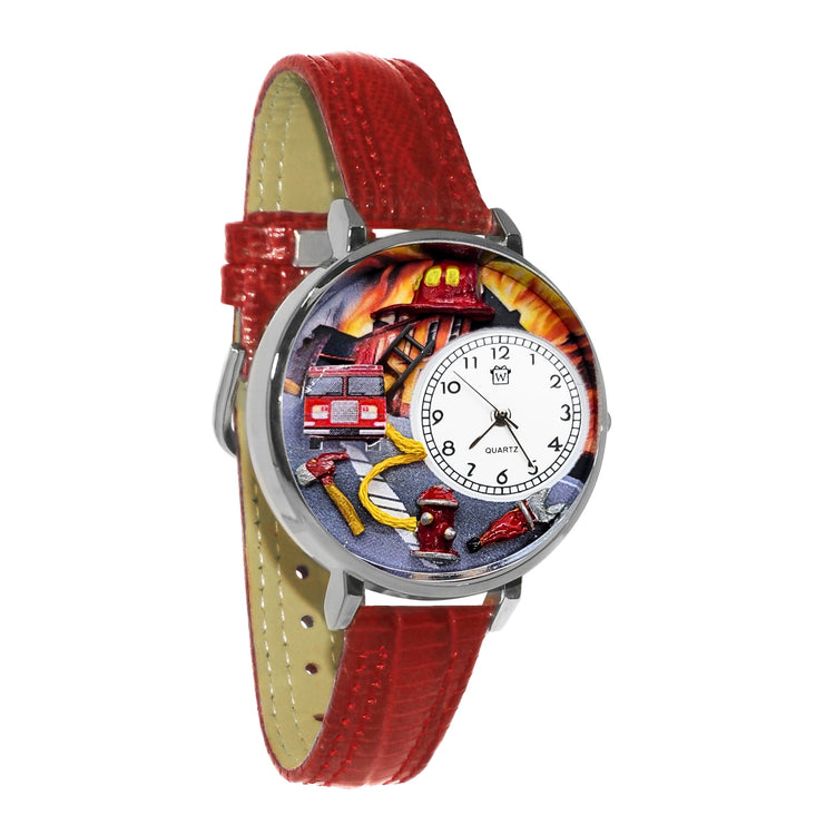 Whimsical Gifts | Firefighter 3D Watch Large Style | Handmade in USA | Professions Themed | First Responders | Novelty Unique Fun Miniatures Gift | Silver Finish Red Leather Watch Band