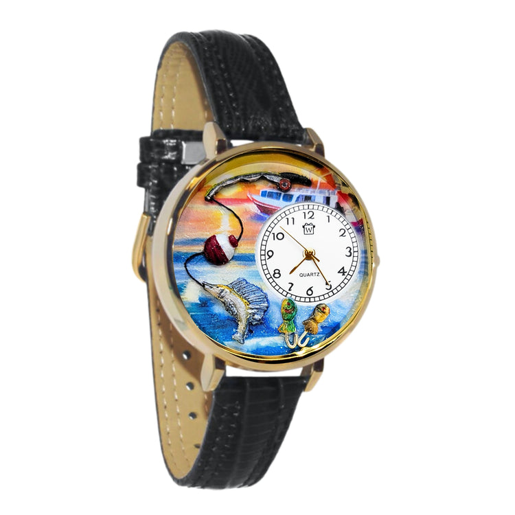 Whimsical Gifts | Fishing 3D Watch Large Style | Handmade in USA | Hobbies & Special Interests | Outdoor Hobbies | Novelty Unique Fun Miniatures Gift | Gold Finish Black Leather Watch Band