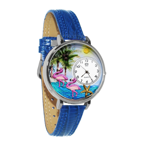 Whimsical Gifts | Flamingo 3D Watch Large Style | Handmade in USA | Holiday & Seasonal Themed | Spring & Summer Fun | Novelty Unique Fun Miniatures Gift | Silver Finish Blue Leather Watch Band