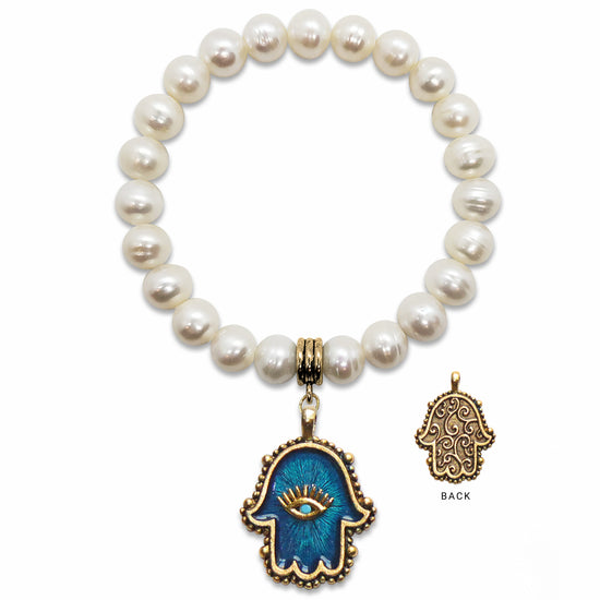 Hamsa Hand Freshwater Pearl Stretch Charm Bracelet | Hand-Strung & Hand-Painted in USA
