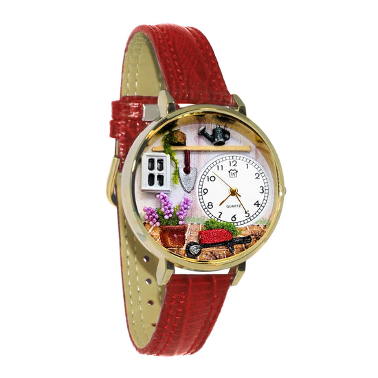Whimsical Gifts | Gardening 3D Watch Large Style | Handmade in USA | Hobbies & Special Interests | Outdoor Hobbies | Novelty Unique Fun Miniatures Gift | Gold Finish Red Leather Watch Band