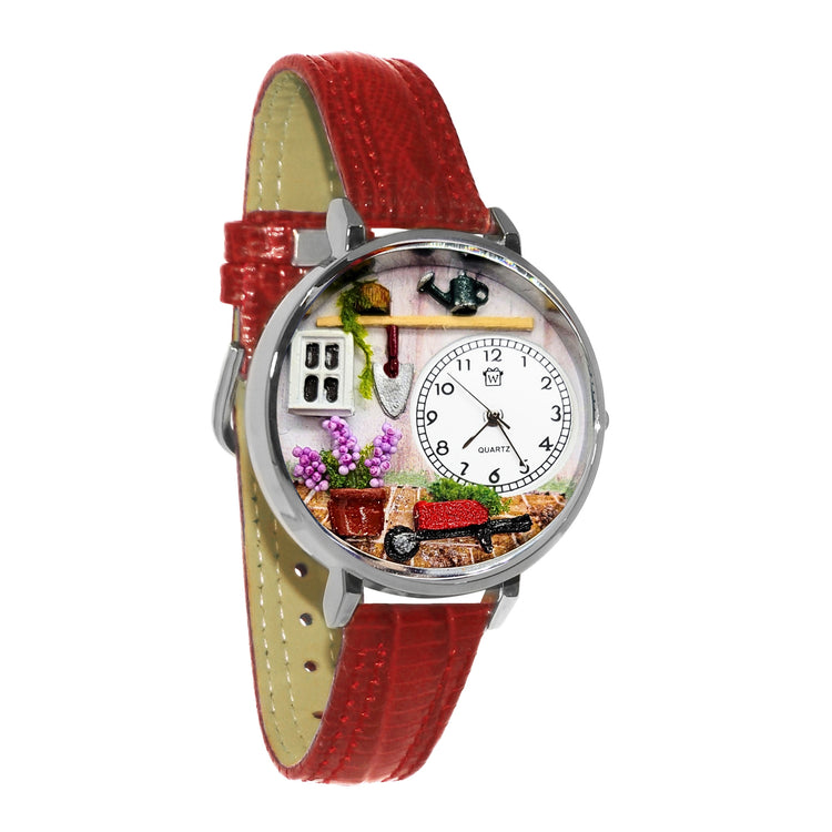 Whimsical Gifts | Gardening 3D Watch Large Style | Handmade in USA | Hobbies & Special Interests | Outdoor Hobbies | Novelty Unique Fun Miniatures Gift | Silver Finish Red Leather Watch Band
