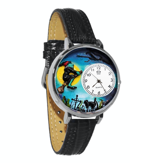 Whimsical Gifts | Flying Witch 3D Watch Large Style | Handmade in USA | Holiday & Seasonal Themed | Halloween | Novelty Unique Fun Miniatures Gift | Silver Finish Black Leather Watch Band
