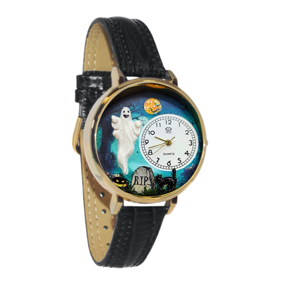 Whimsical Gifts | Halloween Ghost 3D Watch Large Style | Handmade in USA | Holiday & Seasonal Themed | Halloween | Novelty Unique Fun Miniatures Gift | Gold Finish Black Leather Watch Band