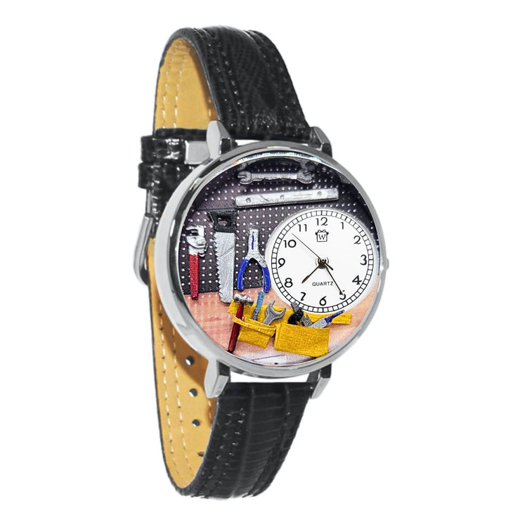 Whimsical Gifts | Handyman 3D Watch Large Style | Handmade in USA | Professions Themed | Trades | Novelty Unique Fun Miniatures Gift | Silver Finish Black Leather Watch Band
