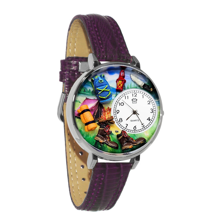Whimsical Gifts | Hiking Camping 3D Watch Large Style | Handmade in USA | Hobbies & Special Interests | Outdoor Hobbies | Novelty Unique Fun Miniatures Gift | Silver Finish Purple Leather Watch Band