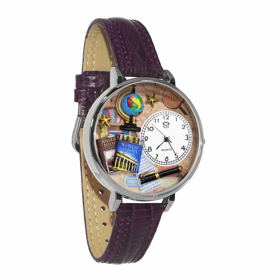 Whimsical Gifts | History Teacher 3D Watch Large Style | Handmade in USA | Professions Themed | Teacher | Novelty Unique Fun Miniatures Gift | Silver Finish Dark Purple Leather Watch Band