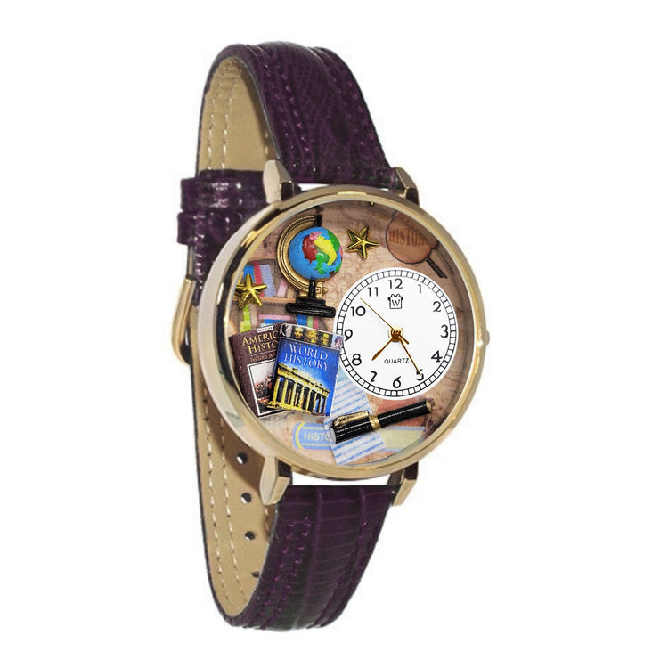 Whimsical Gifts | History Teacher 3D Watch Large Style | Handmade in USA | Professions Themed | Teacher | Novelty Unique Fun Miniatures Gift | Gold Finish Dark Purple Leather Watch Band