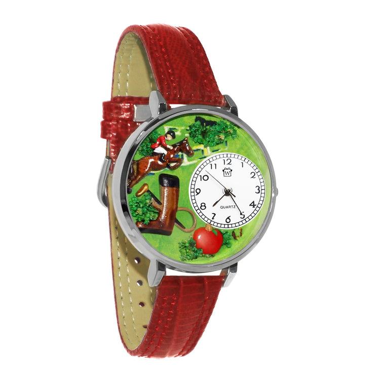 Whimsical Gifts | Horse Jumping Competition Equestrian 3D Watch Large Style | Handmade in USA | Animal Lover | Horse & Equestrian | Novelty Unique Fun Miniatures Gift | Silver Finish Red Leather Watch Band