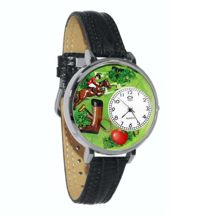Whimsical Gifts | Horse Jumping Competition Equestrian 3D Watch Large Style | Handmade in USA | Animal Lover | Horse & Equestrian | Novelty Unique Fun Miniatures Gift | Silver Finish Black Leather Watch Band