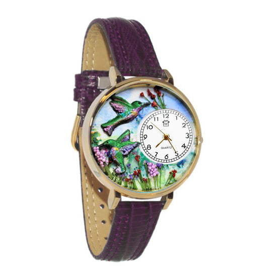 Whimsical Gifts | Hummingbirds 3D Watch Large Style | Handmade in USA | Animal Lover | Outdoor & Garden | Novelty Unique Fun Miniatures Gift | Gold Finish Purple Leather Watch Band