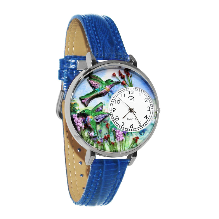 Whimsical Gifts | Hummingbirds 3D Watch Large Style | Handmade in USA | Animal Lover | Outdoor & Garden | Novelty Unique Fun Miniatures Gift | Silver Finish Royal Blue Leather Watch Band