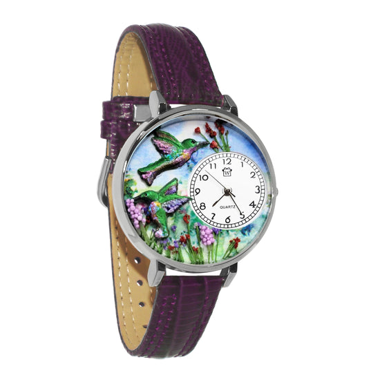 Whimsical Gifts | Hummingbirds 3D Watch Large Style | Handmade in USA | Animal Lover | Outdoor & Garden | Novelty Unique Fun Miniatures Gift | Silver Finish Purple Leather Watch Band
