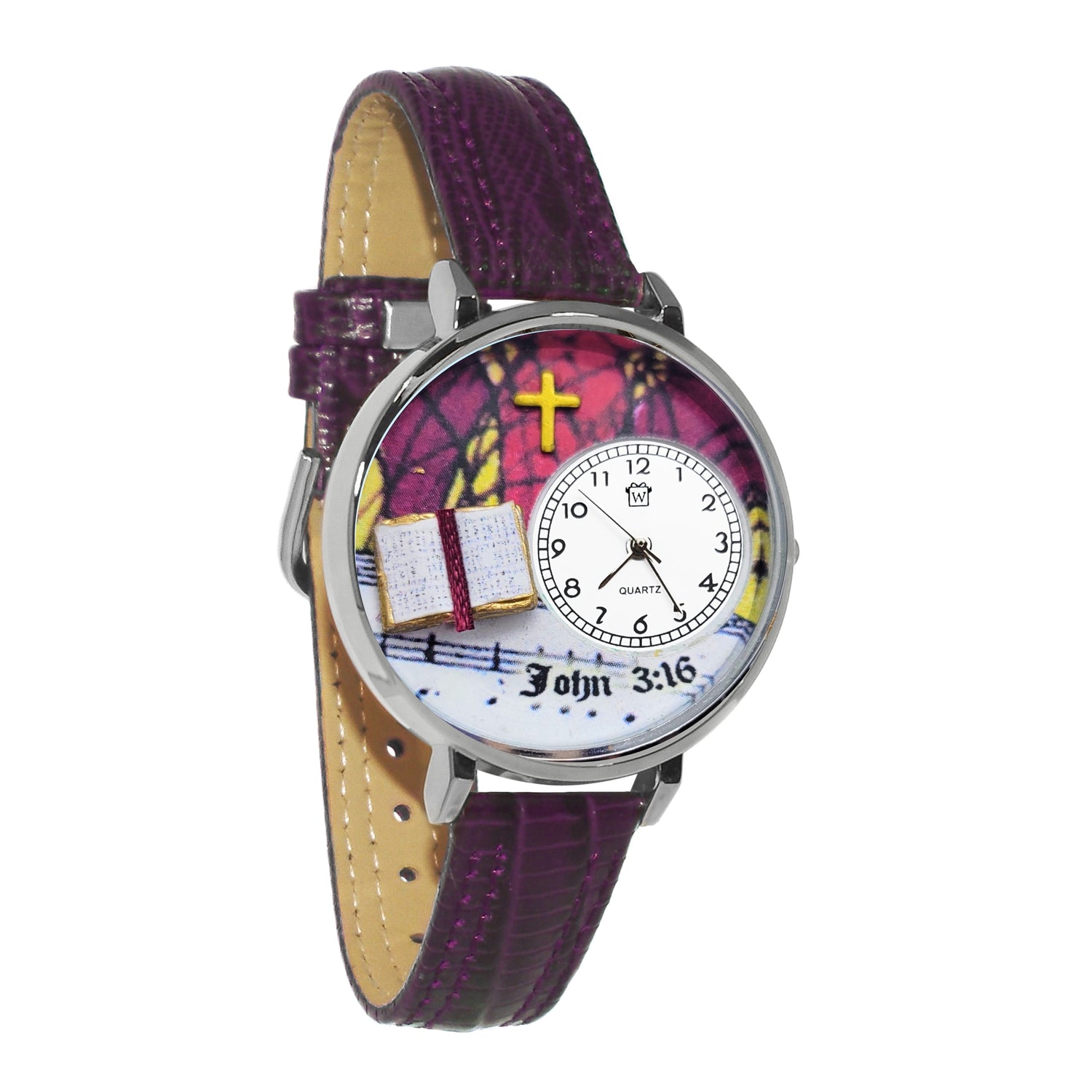 Whimsical Gifts | John 3:16 3D Watch Large Style | Handmade in USA | Religious & Spiritual |  | Novelty Unique Fun Miniatures Gift | Silver Finish Purple Leather Watch Band