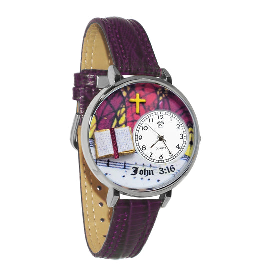 Whimsical Gifts | John 3:16 3D Watch Large Style | Handmade in USA | Religious & Spiritual | | Novelty Unique Fun Miniatures Gift | Silver Finish Purple Leather Watch Band