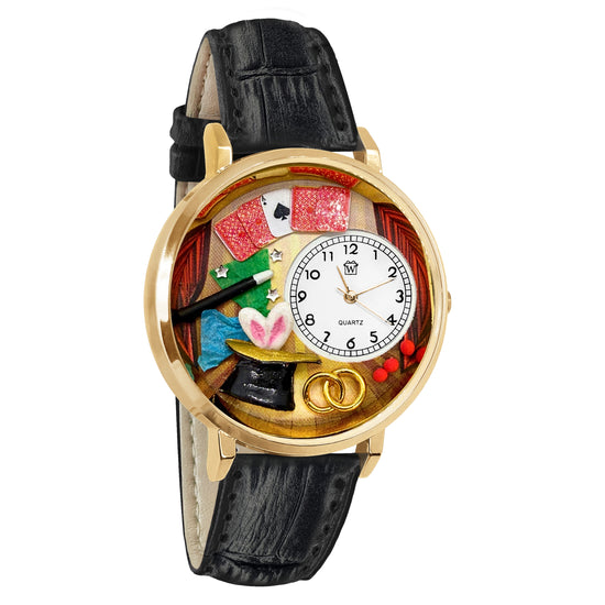 Whimsical Gifts | Magic 3D Watch Large Style | Handmade in USA | Hobbies & Special Interests | Arts & Performance | Novelty Unique Fun Miniatures Gift | Gold Finish Black Leather Watch Band