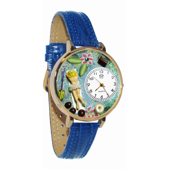 Whimsical Gifts | Massage Therapist 3D Watch Large Style | Handmade in USA | Professions Themed | Salon & Spa Professions | Novelty Unique Fun Miniatures Gift | Gold Finish Royal Blue Leather Watch Band