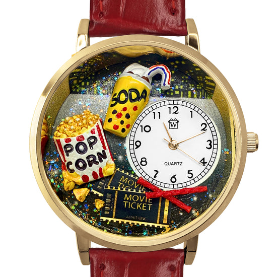 Whimsical Gifts | Movie Lover 3D Watch Large Style | Handmade in USA | Hobbies & Special Interests | Arts & Performance | Novelty Unique Fun Miniatures Gift | Gold Finish Red Leather Watch Band Front View