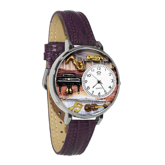 Whimsical Gifts | Music Teacher Musician 3D Watch Large Style | Handmade in USA | Professions Themed | Teacher | Novelty Unique Fun Miniatures Gift | Silver Finish Dark Purple Leather Watch Band