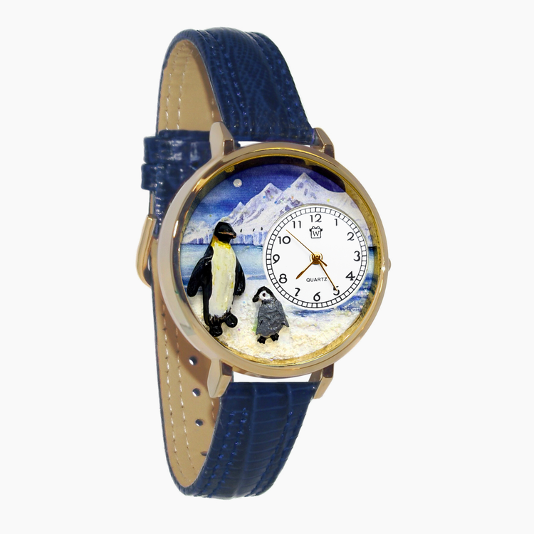 Whimsical Gifts | Penguin 3D Watch Large Style | Handmade in USA | Animal Lover | Zoo & Sealife | Novelty Unique Fun Miniatures Gift | Gold Finish Navy Blue Leather Watch Band