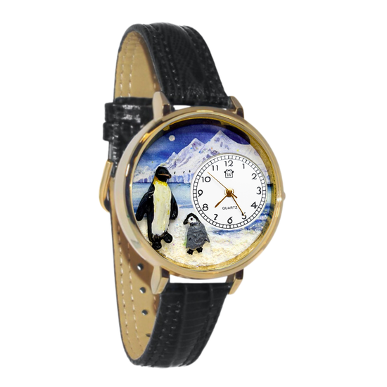 Whimsical Gifts | Penguin 3D Watch Large Style | Handmade in USA | Animal Lover | Zoo & Sealife | Novelty Unique Fun Miniatures Gift | Gold Finish Black Leather Watch Band