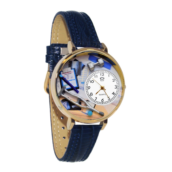 Whimsical Gifts | Physical Therapist 3D Watch Large Style | Handmade in USA | Professions Themed | Medical Professions | Novelty Unique Fun Miniatures Gift | Gold Finish Navy Blue Leather Watch Band
