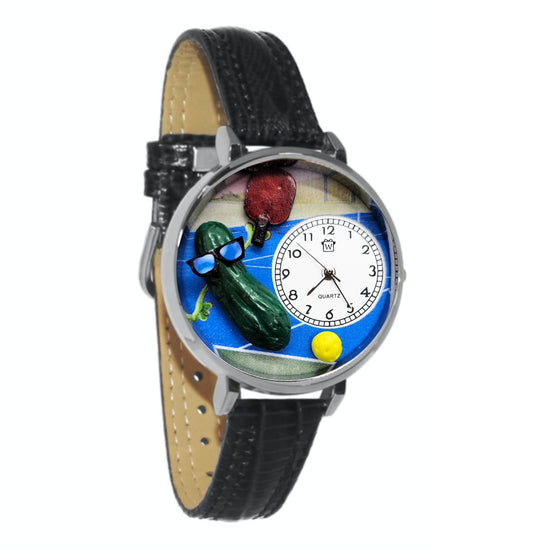 Whimsical Gifts | Pickleball 3D Watch Large Style | Handmade in USA | Hobbies & Special Interests | Sports | Novelty Unique Fun Miniatures Gift | Silver Finish Black Leather Watch Band