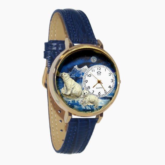Whimsical Gifts | Polar Bear 3D Watch Large Style | Handmade in USA | Animal Lover | Zoo & Sealife | Novelty Unique Fun Miniatures Gift | Gold Finish Navy Blue Leather Watch Band