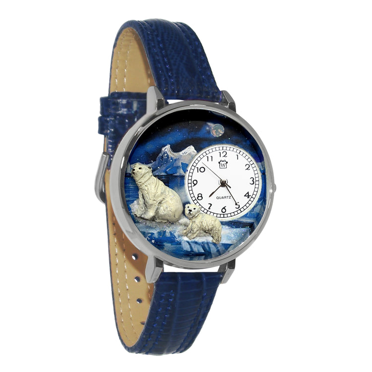 Whimsical Gifts | Polar Bear 3D Watch Large Style | Handmade in USA | Animal Lover | Zoo & Sealife | Novelty Unique Fun Miniatures Gift | Silver Finish Navy Blue Leather Watch Band