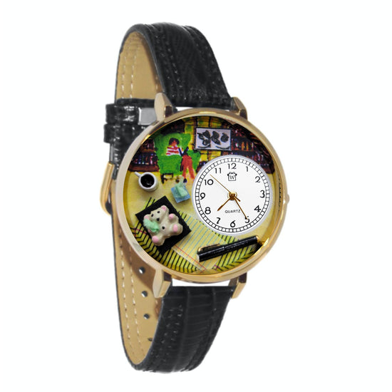 Whimsical Gifts | Psychiatrist 3D Watch Large Style | Handmade in USA | Professions Themed | Medical Professions | Novelty Unique Fun Miniatures Gift | Gold Finish Black Leather Watch Band